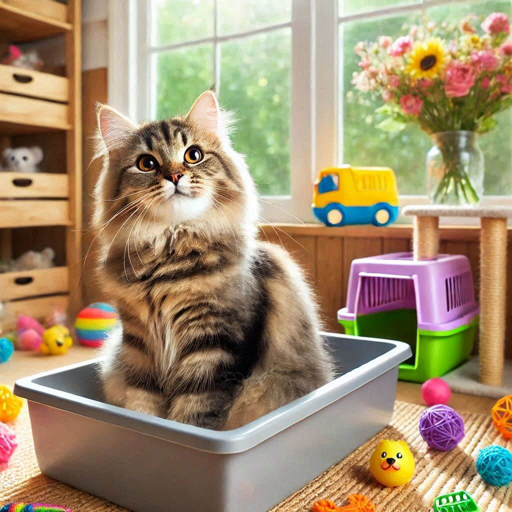 Gato en arenero con juguetes
